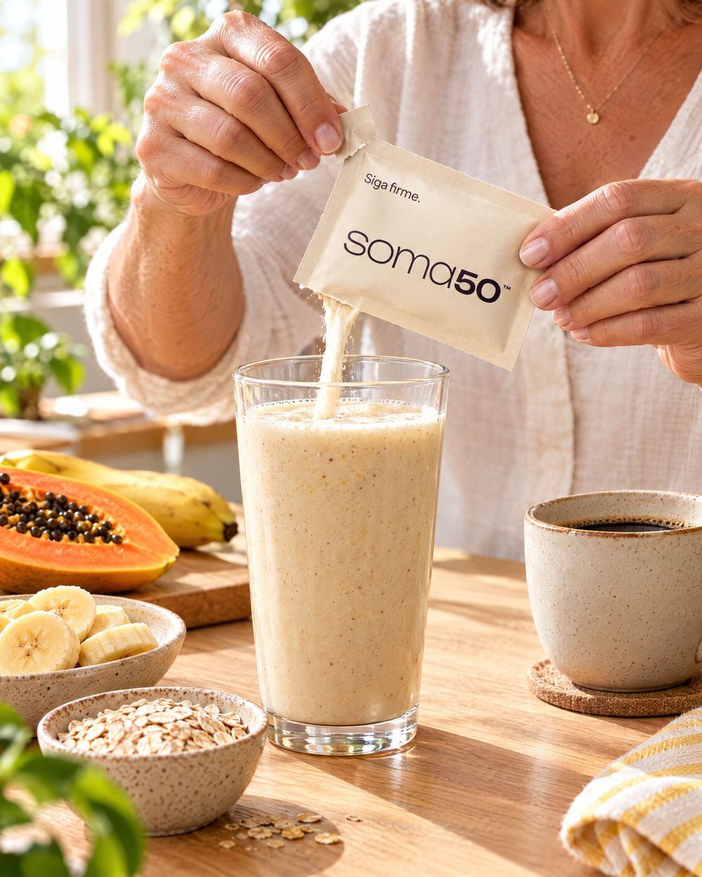 Mãos de mulher abrem um sachê da SOMA sobre um copo de vitamina de banana, com mamão, aveia e café na mesa.