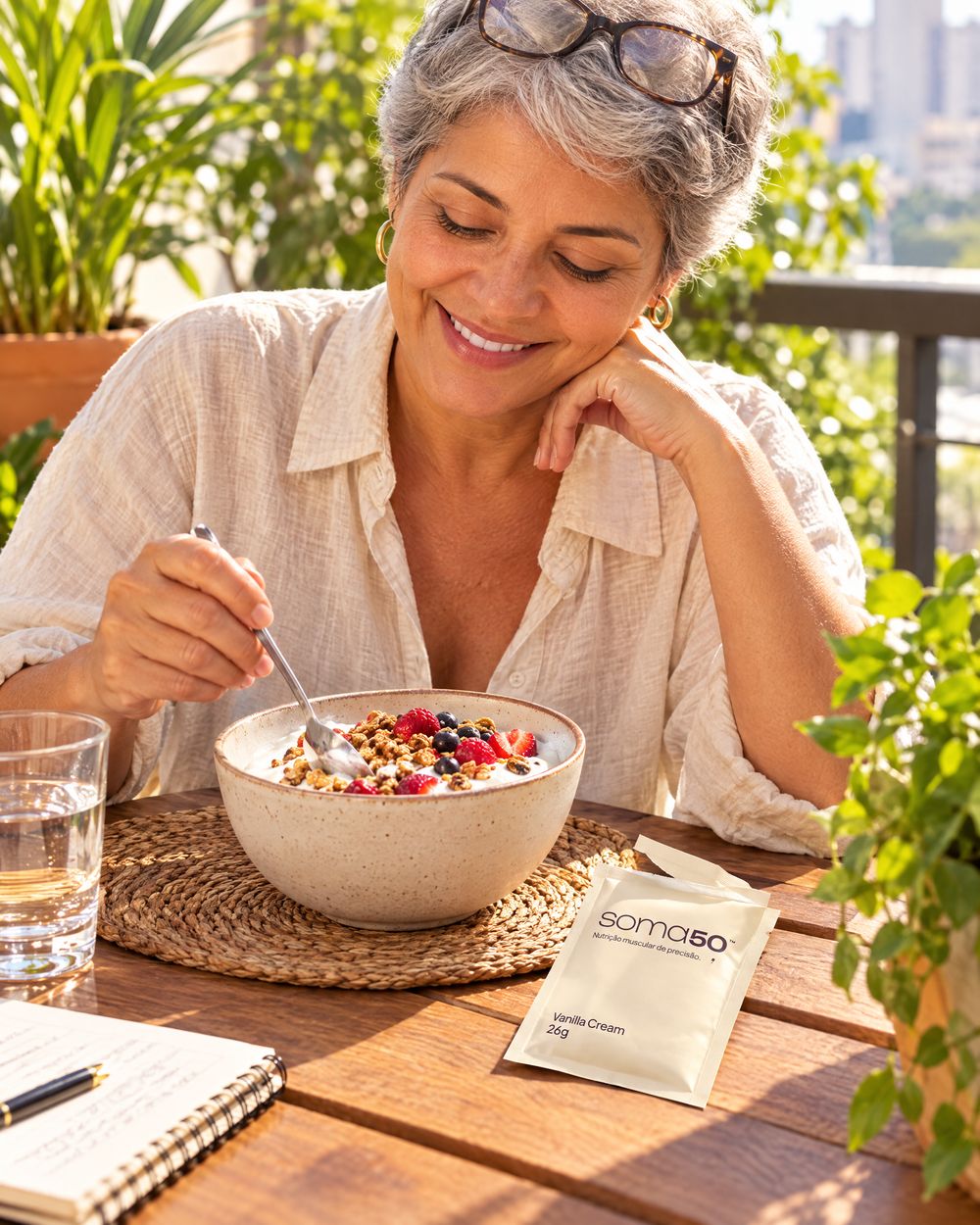 Mulher de cabelo grisalho sorri mexendo uma tigela de iogurte com granola e frutas vermelhas, com um sachê da SOMA ao lado.