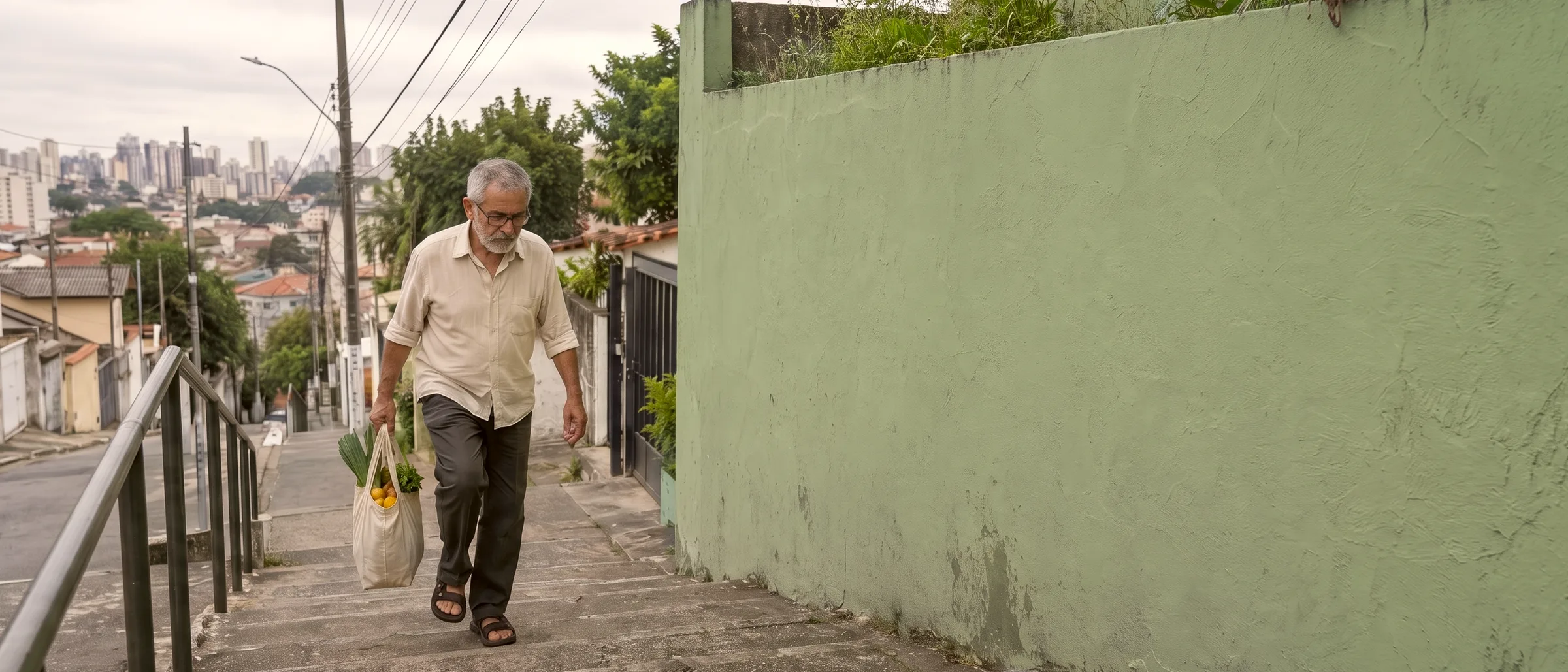 Homem de uns 68 anos subindo uma escadaria com sacola de feira